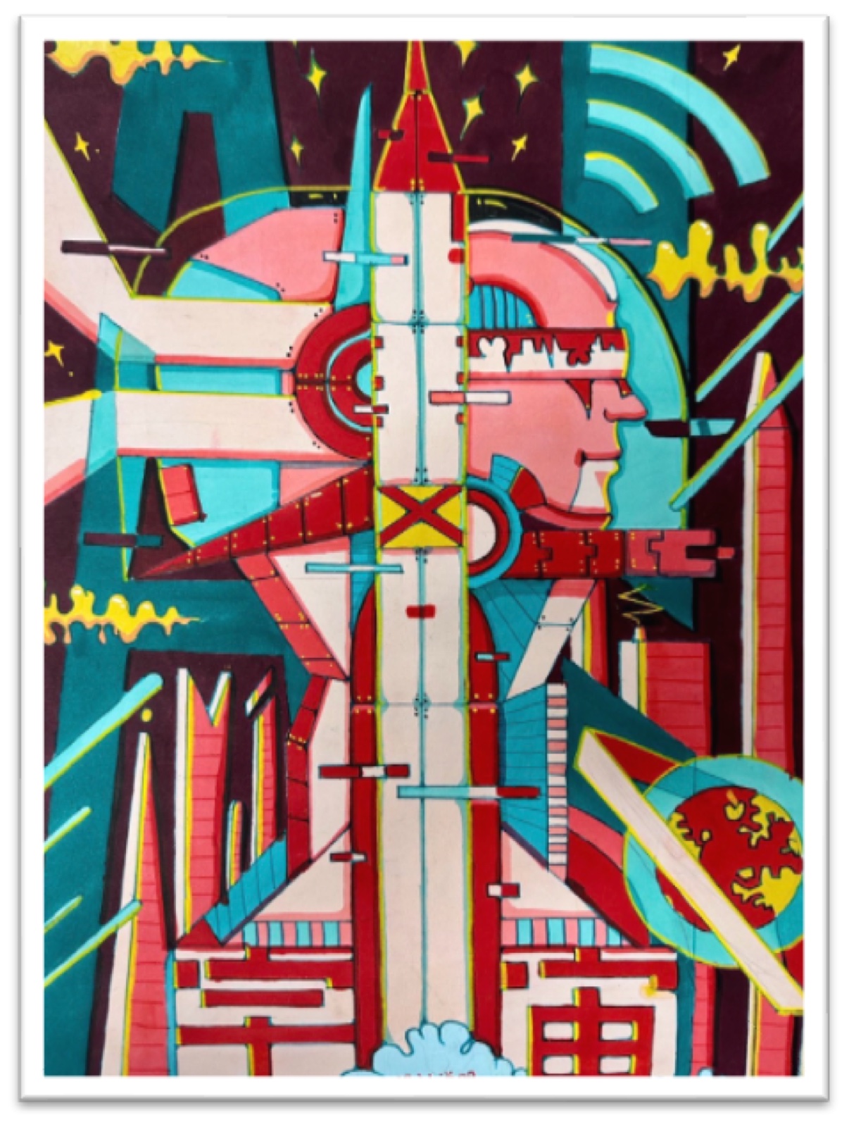 Colourful marker illustration of a futuristic city